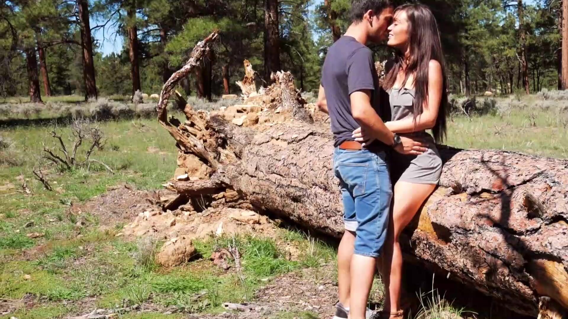 Couple amateur a des relations sexuelles sur une grosse bûche de bois image